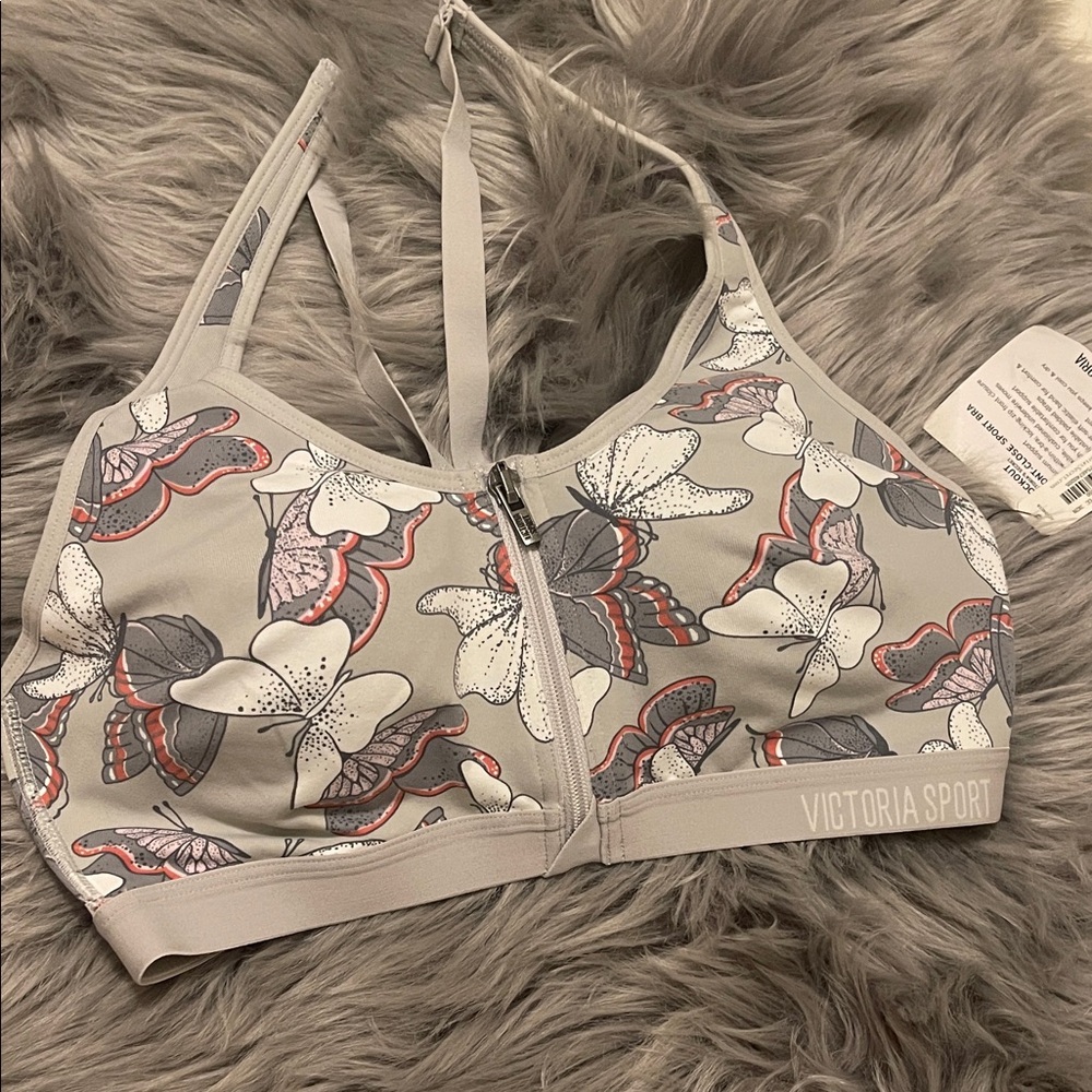 NWT Victoria's Secret Floral Zip Sports Bra - Gray 34 C